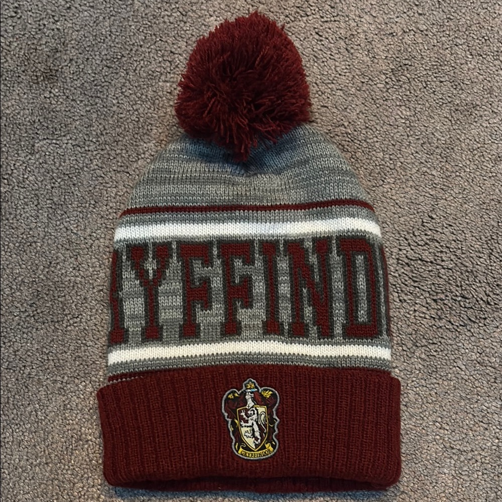 Red and Gray Harry Potter Gryffindor Knit Hat with Pom-pom and Cuff